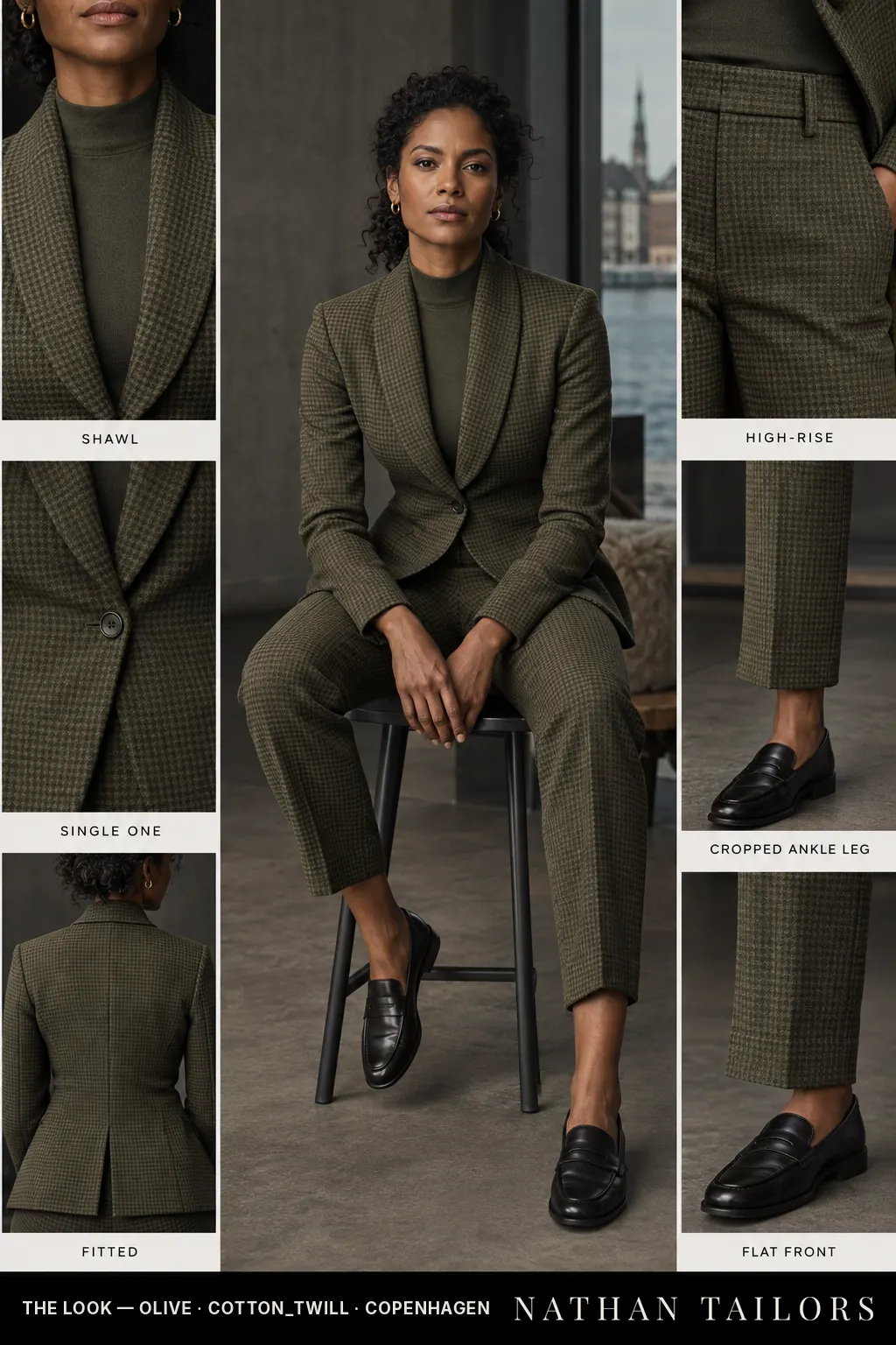 fitted houndstooth women's pant suit in olive — AI-rendered by Nathan Tailors, made to measure for women and shipped worldwide.