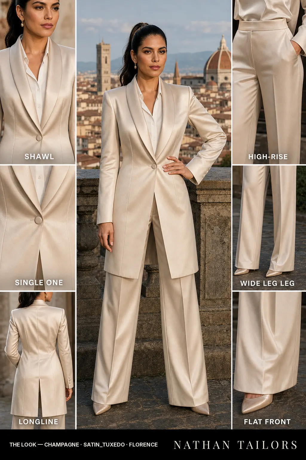 longline women's pant suit in champagne — AI-rendered by Nathan Tailors, made to measure for women and shipped worldwide.