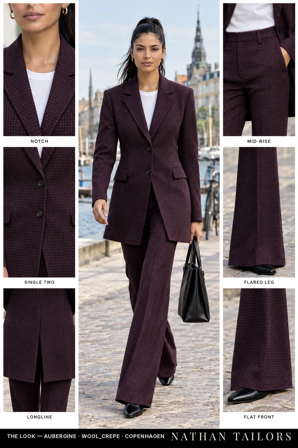 longline houndstooth women's pant suit in aubergine — AI-rendered by Nathan Tailors, made to measure for women and shipped worldwide.