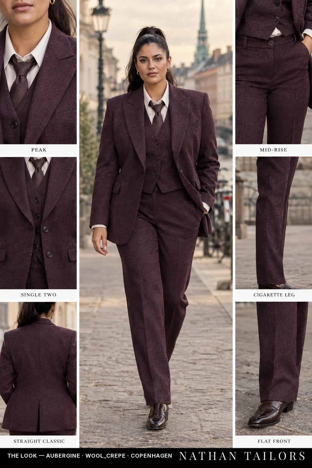 Women's suit in aubergine tweed_texture — custom tailored by Nathan Tailors, shipped worldwide