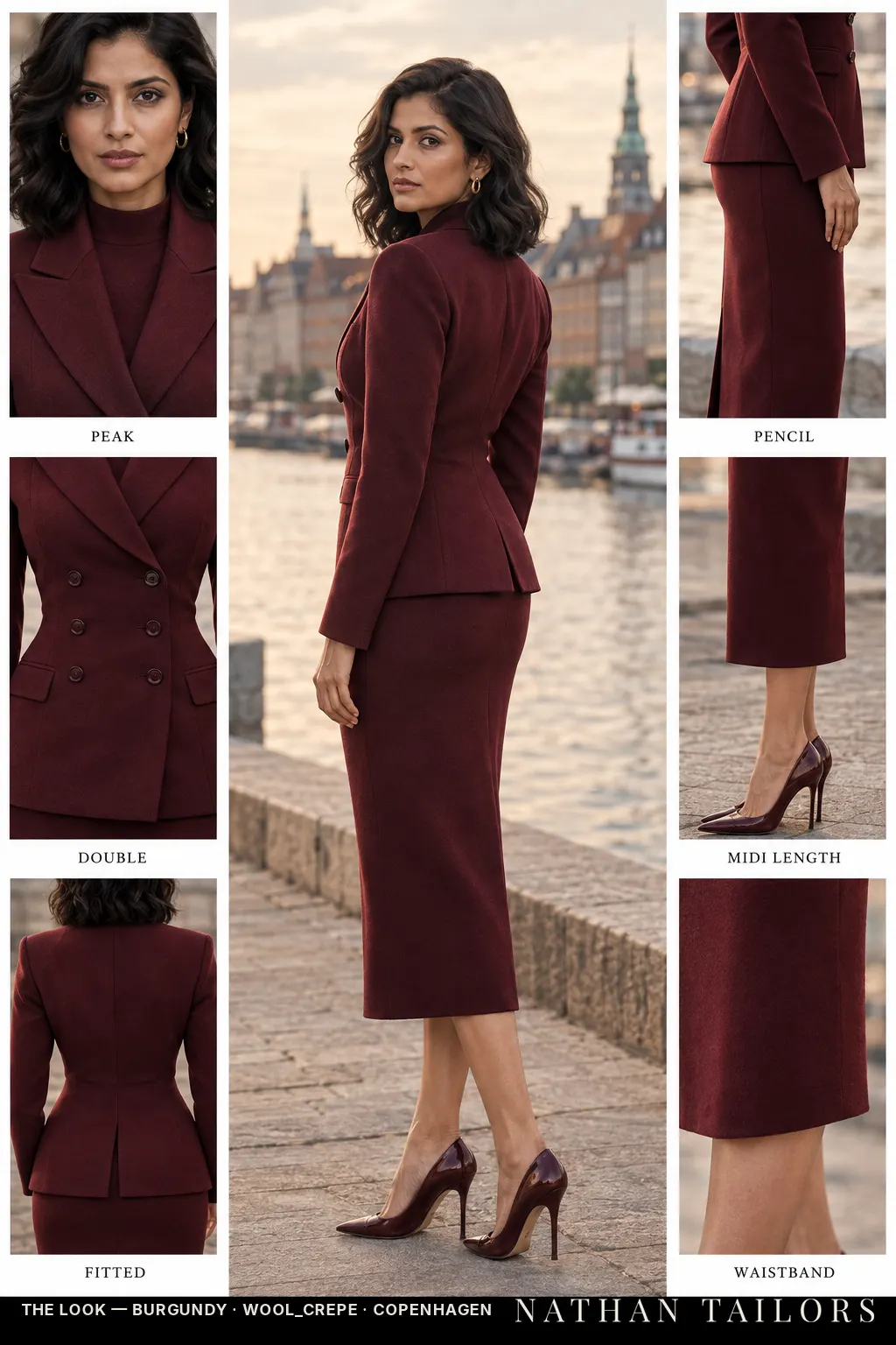 Women's suit in burgundy — custom tailored by Nathan Tailors, shipped worldwide