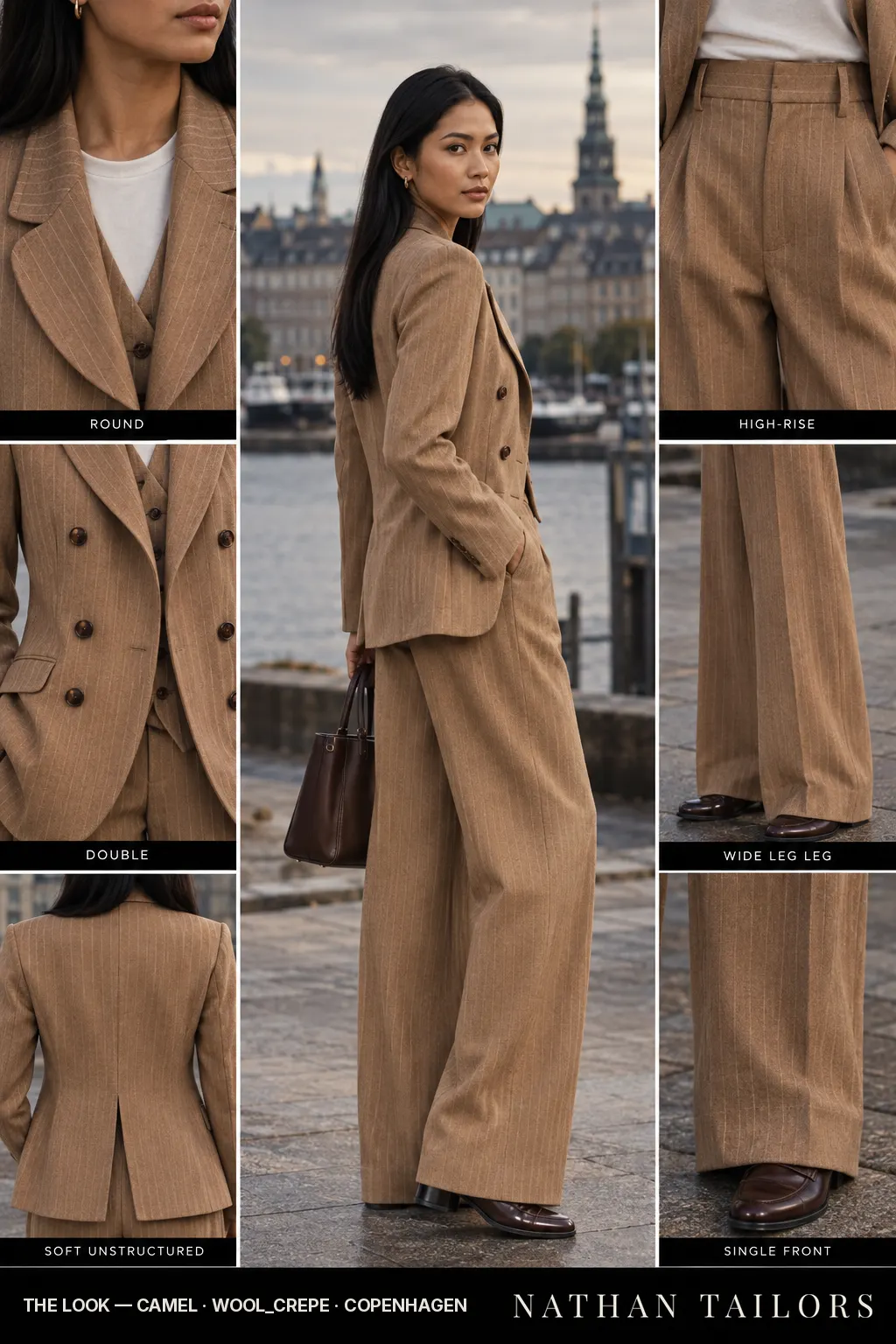 soft unstructured pinstripe women's pant suit in camel — AI-rendered by Nathan Tailors, made to measure for women and shipped worldwide.