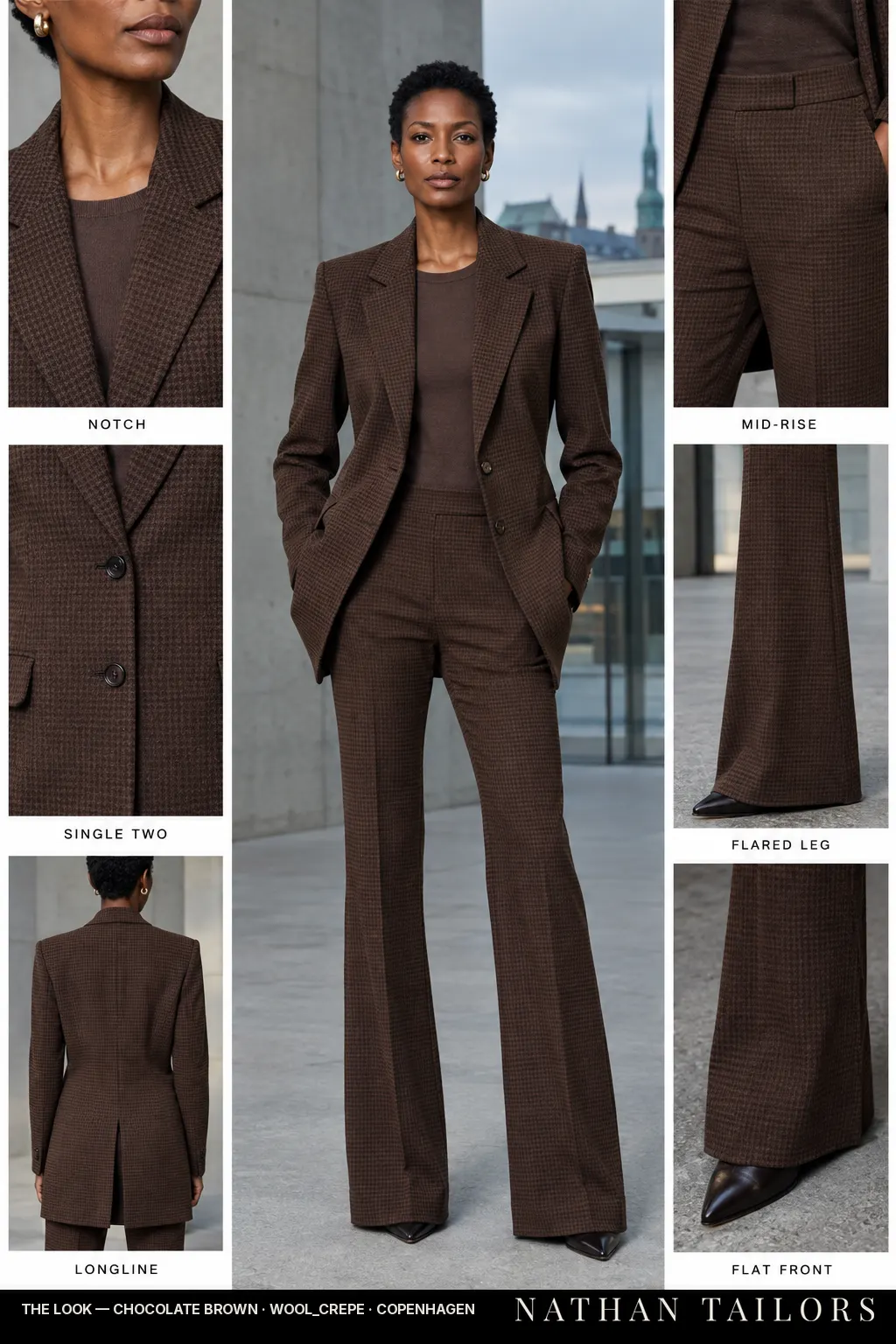 longline houndstooth women's pant suit in chocolate brown — AI-rendered by Nathan Tailors, made to measure for women and shipped worldwide.