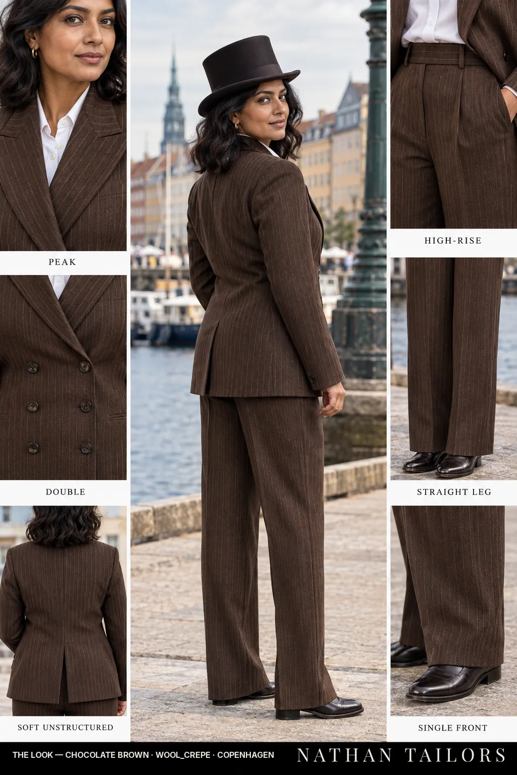 Women's suit in chocolate brown pinstripe — custom tailored by Nathan Tailors, shipped worldwide