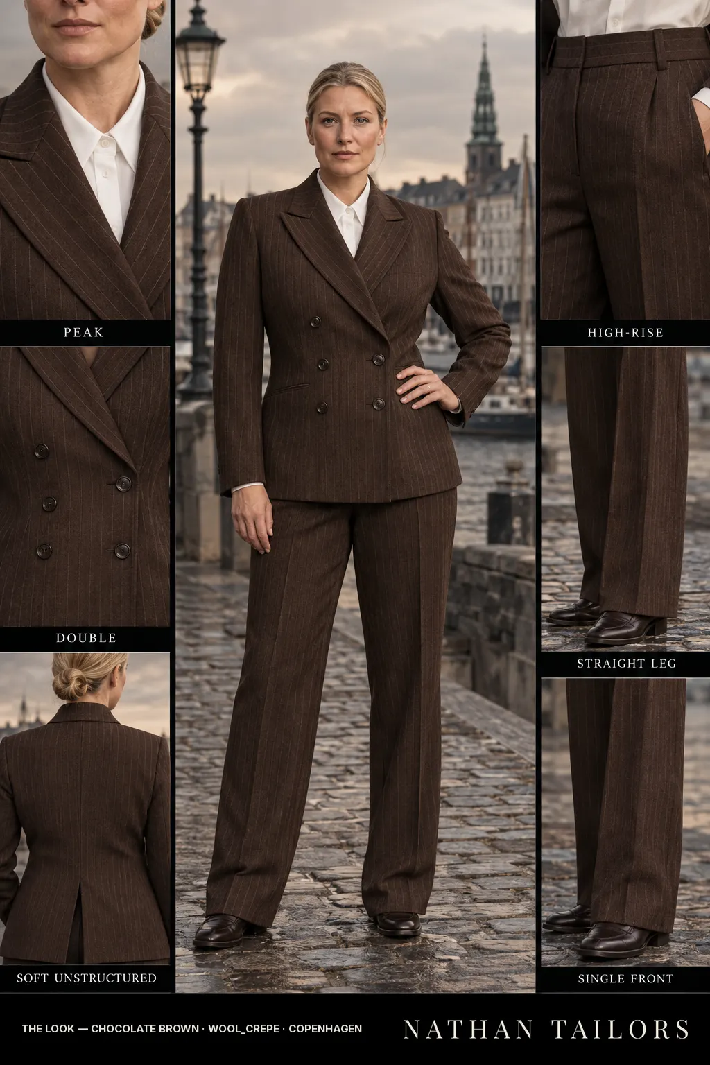 Women's suit in chocolate brown pinstripe — custom tailored by Nathan Tailors, shipped worldwide