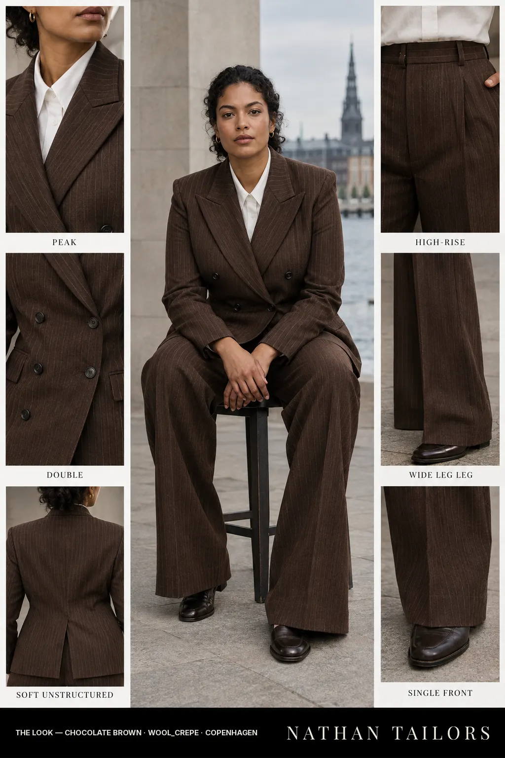 Women's suit in chocolate brown pinstripe — custom tailored by Nathan Tailors, shipped worldwide