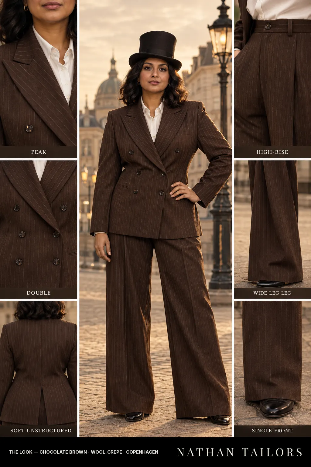 soft unstructured pinstripe women's pant suit in chocolate brown — AI-rendered by Nathan Tailors, made to measure for women and shipped worldwide.