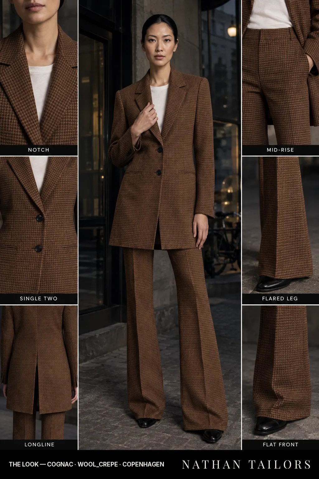 Women's suit in cognac houndstooth — custom tailored by Nathan Tailors, shipped worldwide