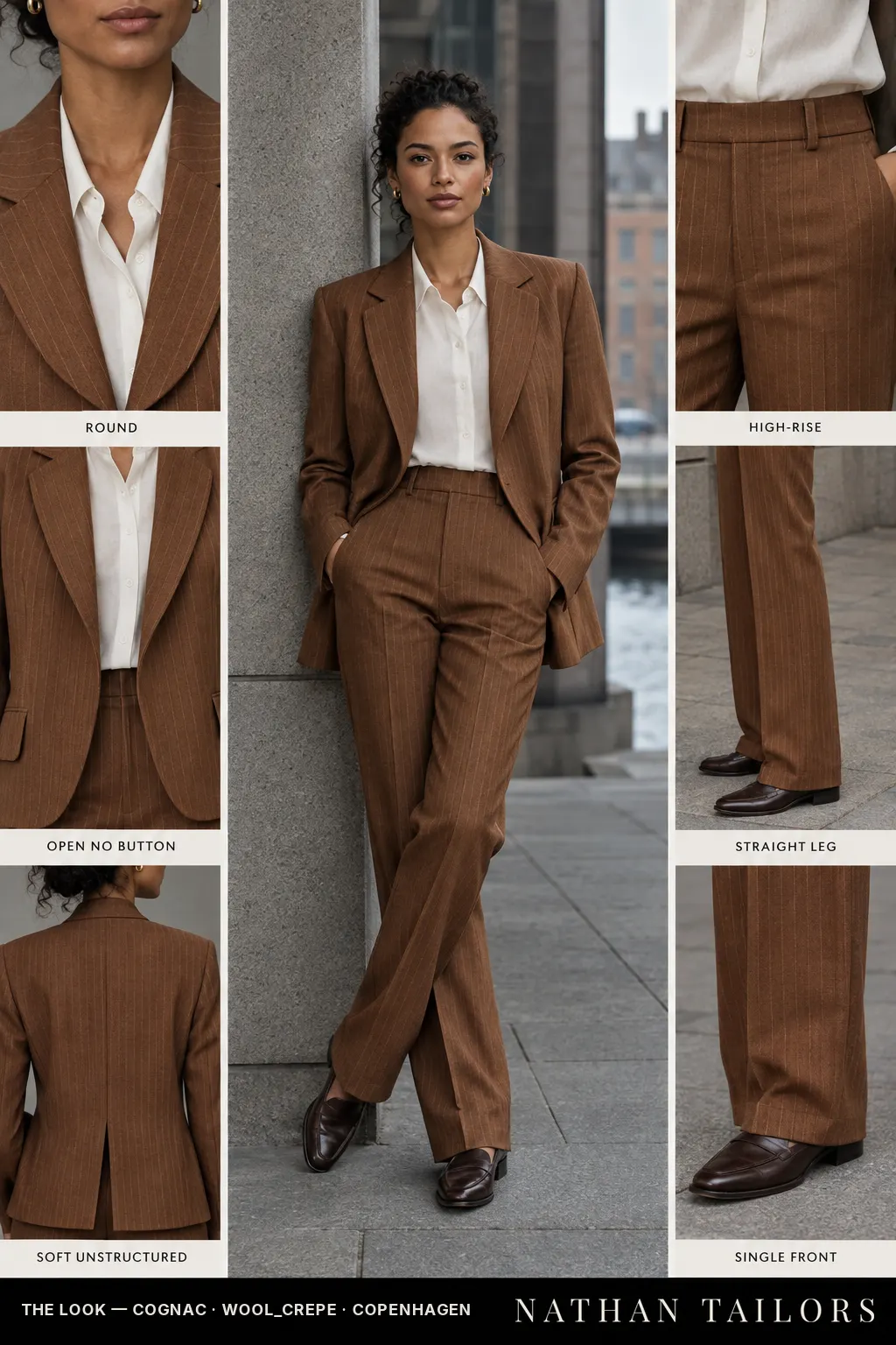 soft unstructured pinstripe women's pant suit in cognac — AI-rendered by Nathan Tailors, made to measure for women and shipped worldwide.