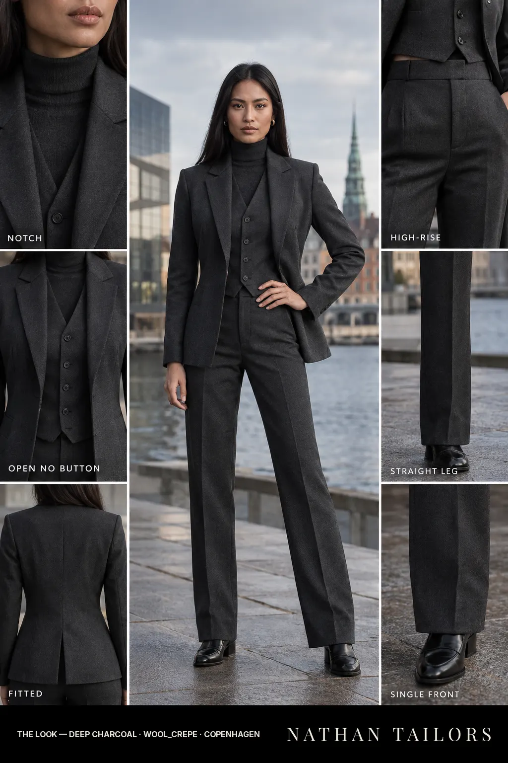 fitted women's pant suit in deep charcoal — AI-rendered by Nathan Tailors, made to measure for women and shipped worldwide.