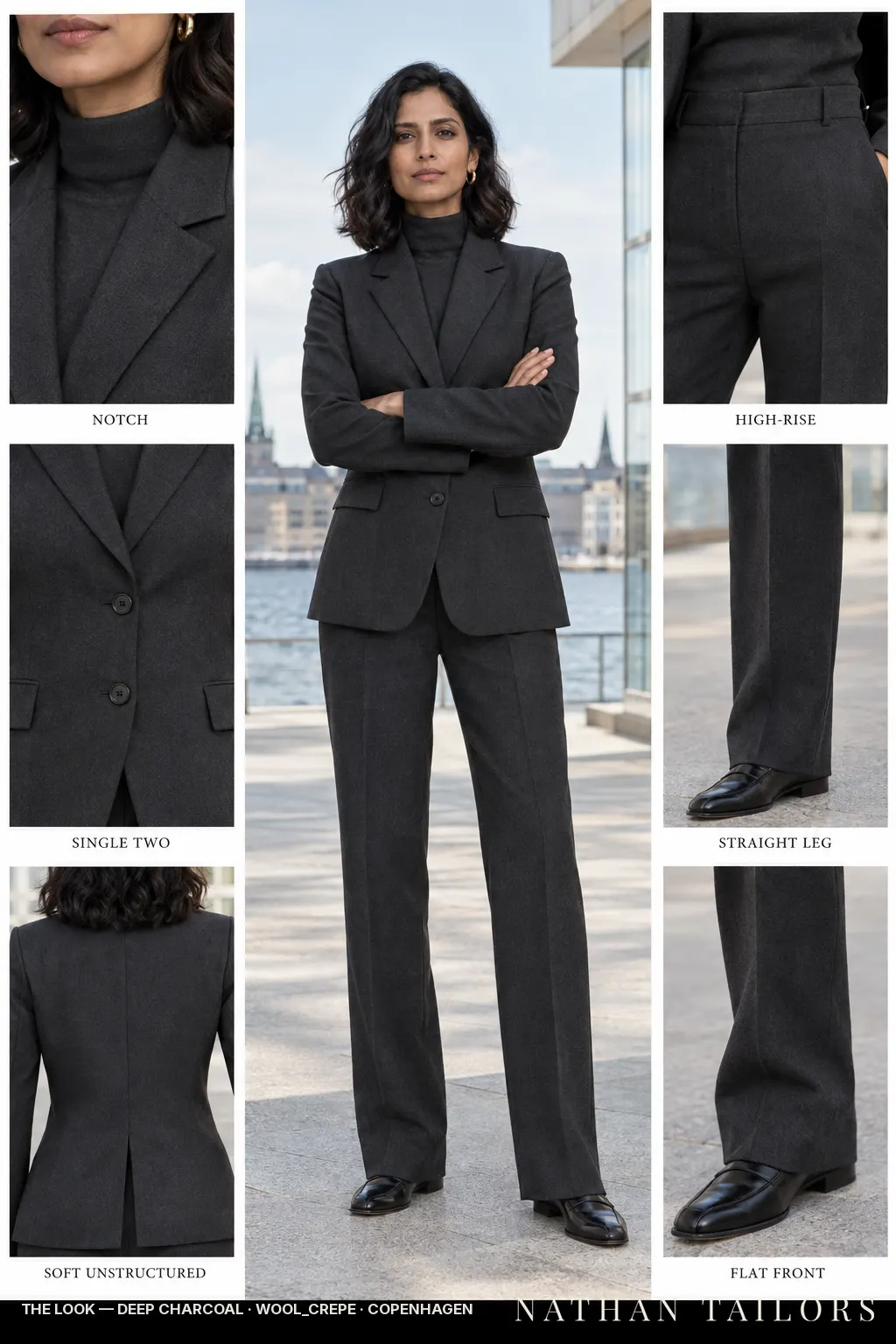 Women's suit in deep charcoal — custom tailored by Nathan Tailors, shipped worldwide