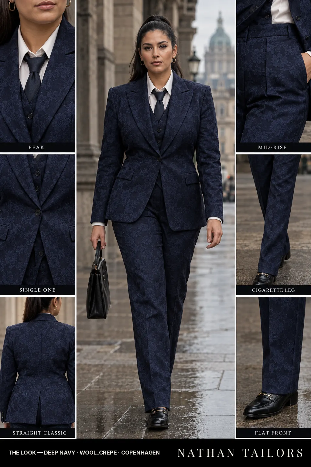 straight classic floral jacquard women's pant suit in deep navy — AI-rendered by Nathan Tailors, made to measure for women and shipped worldwide.