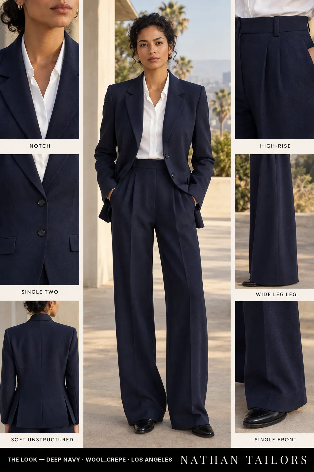soft unstructured women's pant suit in deep navy — AI-rendered by Nathan Tailors, made to measure for women and shipped worldwide.