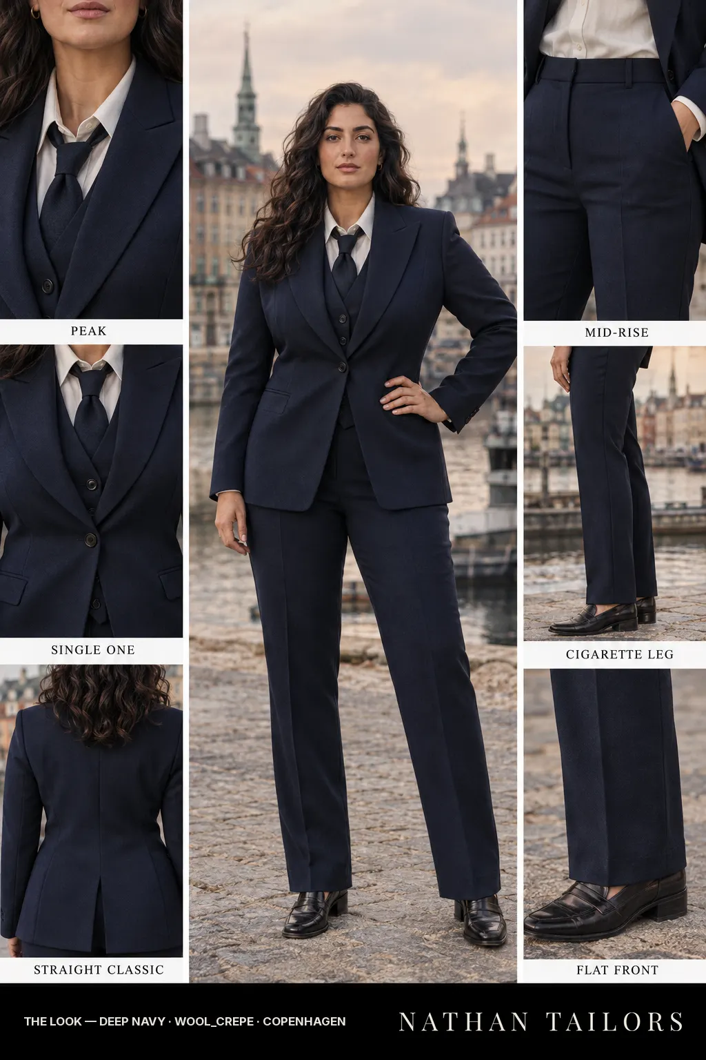 straight classic women's pant suit in deep navy — AI-rendered by Nathan Tailors, made to measure for women and shipped worldwide.