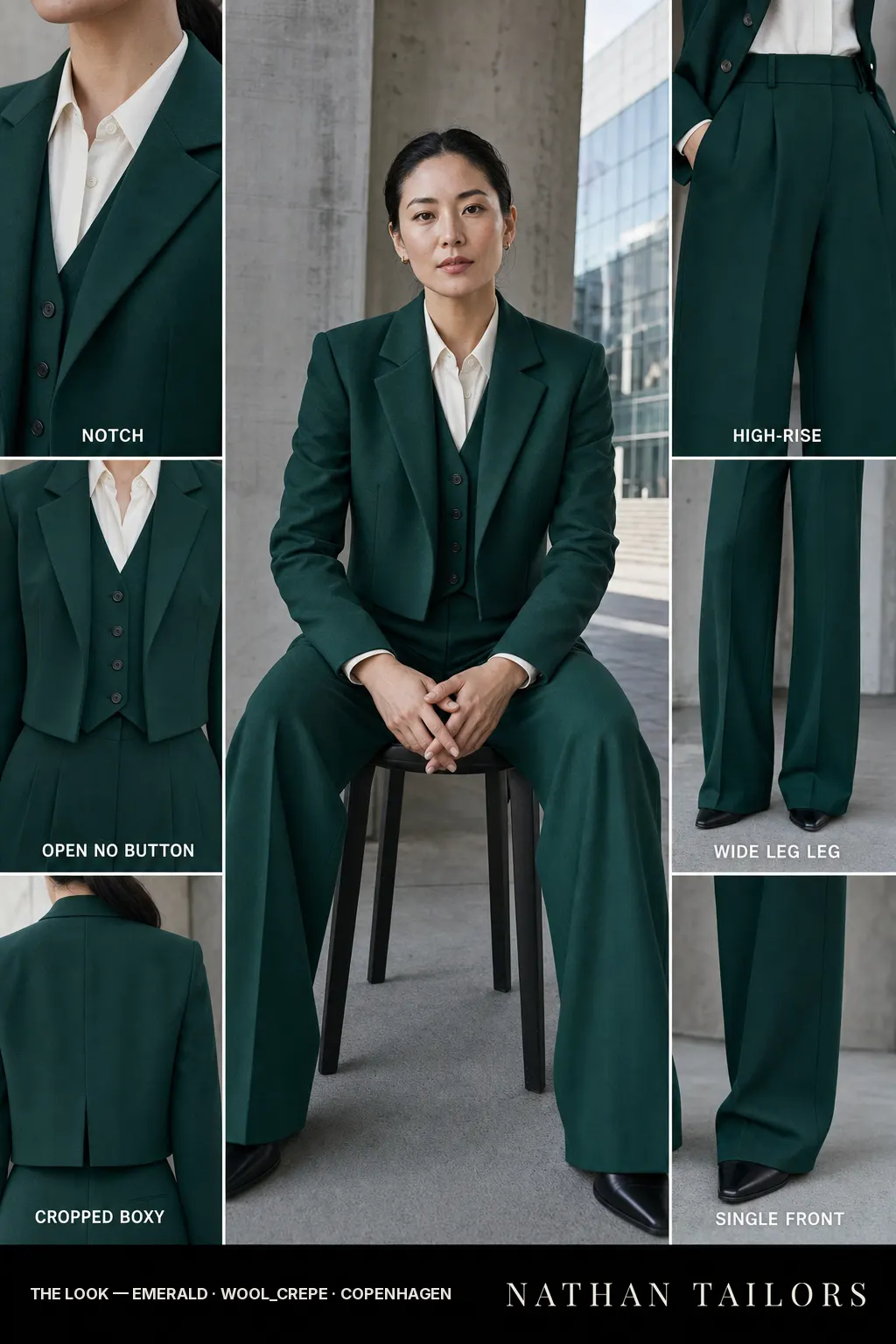 cropped boxy women's pant suit in emerald — AI-rendered by Nathan Tailors, made to measure for women and shipped worldwide.