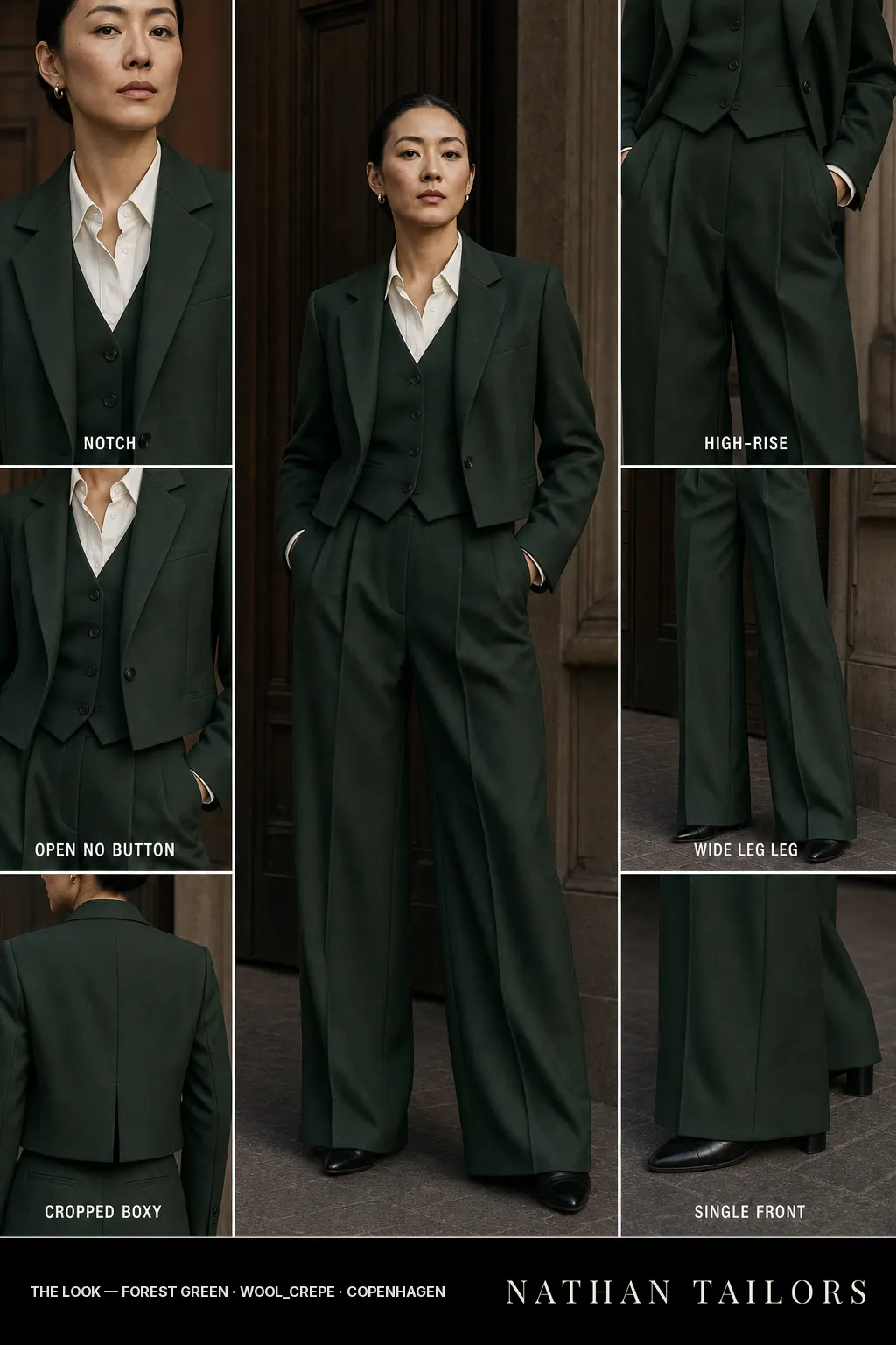 cropped boxy women's pant suit in forest green — AI-rendered by Nathan Tailors, made to measure for women and shipped worldwide.