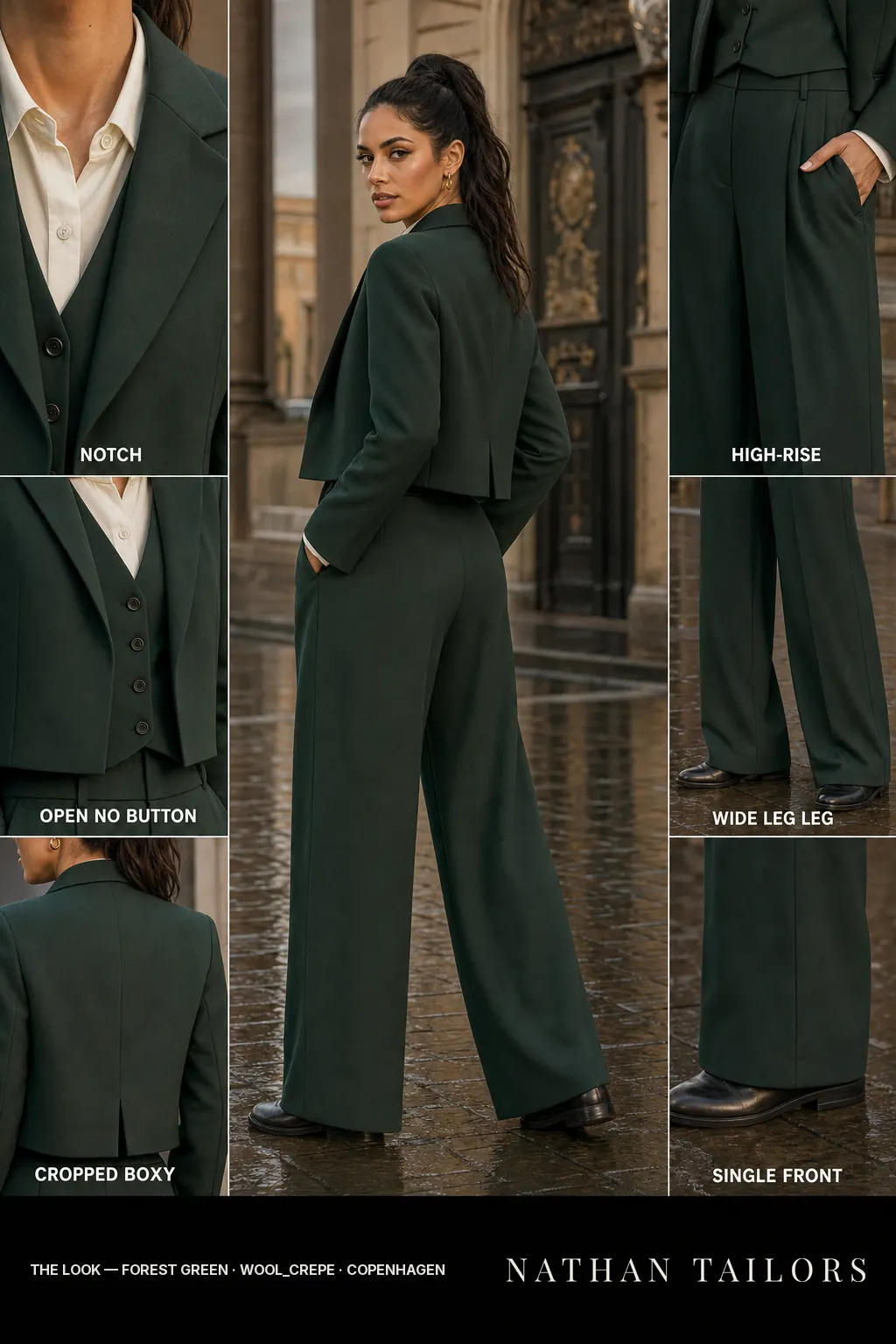 cropped boxy women's pant suit in forest green — AI-rendered by Nathan Tailors, made to measure for women and shipped worldwide.