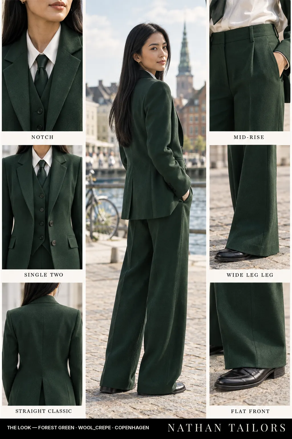 straight classic women's pant suit in forest green — AI-rendered by Nathan Tailors, made to measure for women and shipped worldwide.