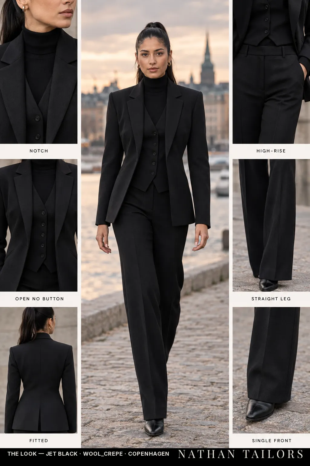 Women's suit in jet black — custom tailored by Nathan Tailors, shipped worldwide
