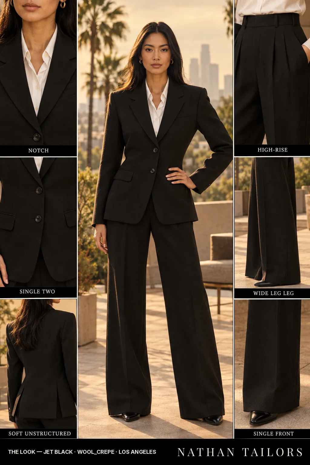 soft unstructured women's pant suit in jet black — AI-rendered by Nathan Tailors, made to measure for women and shipped worldwide.