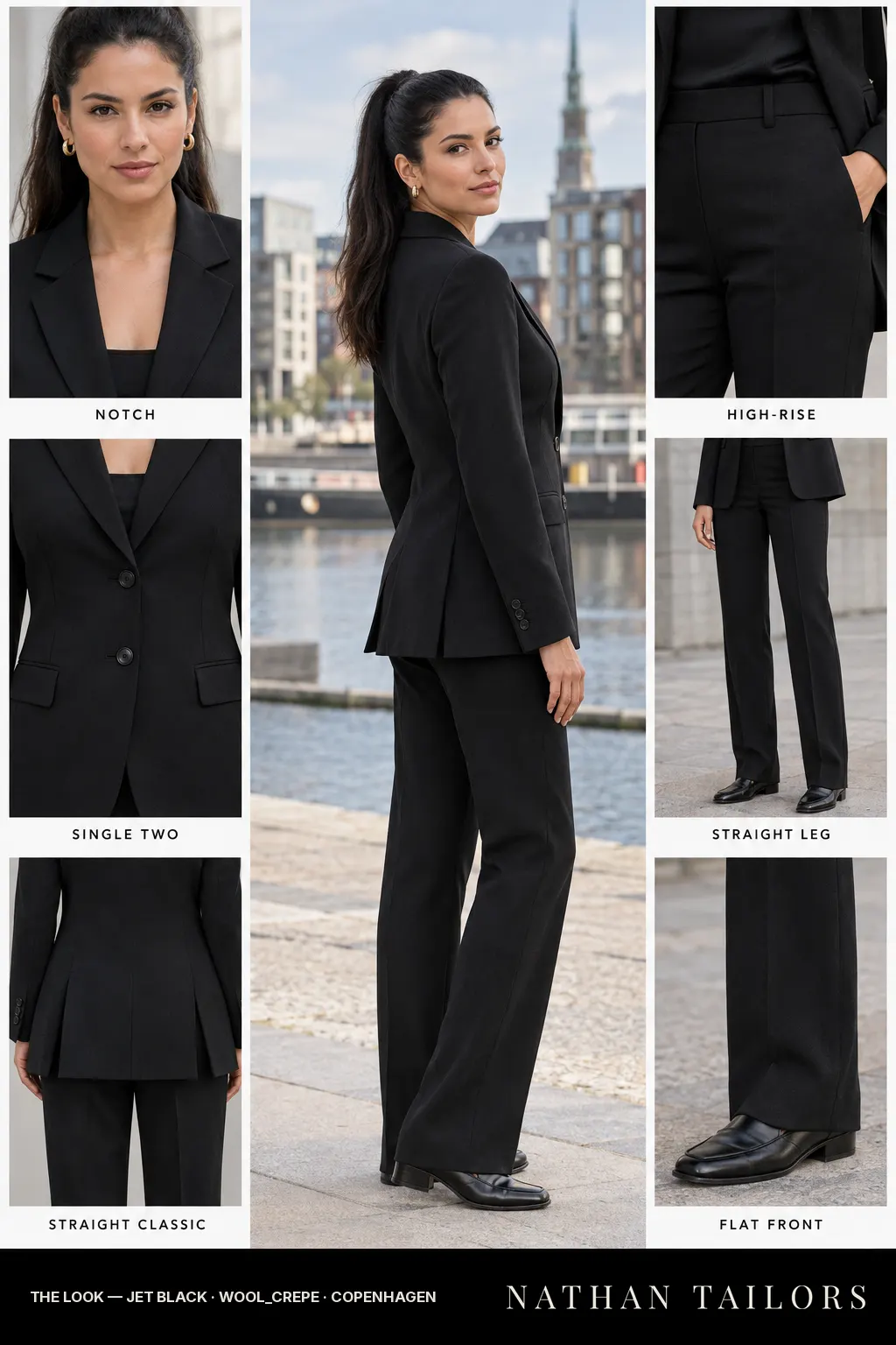 straight classic women's pant suit in jet black — AI-rendered by Nathan Tailors, made to measure for women and shipped worldwide.