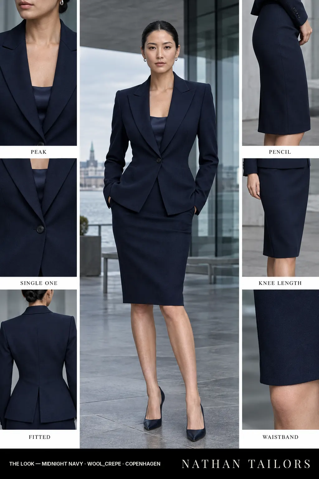 Women's suit in midnight navy — custom tailored by Nathan Tailors, shipped worldwide