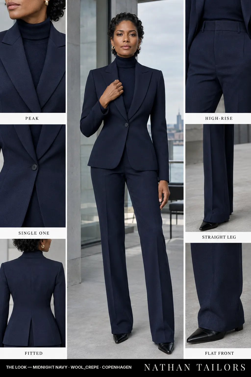 Women's suit in midnight navy — custom tailored by Nathan Tailors, shipped worldwide