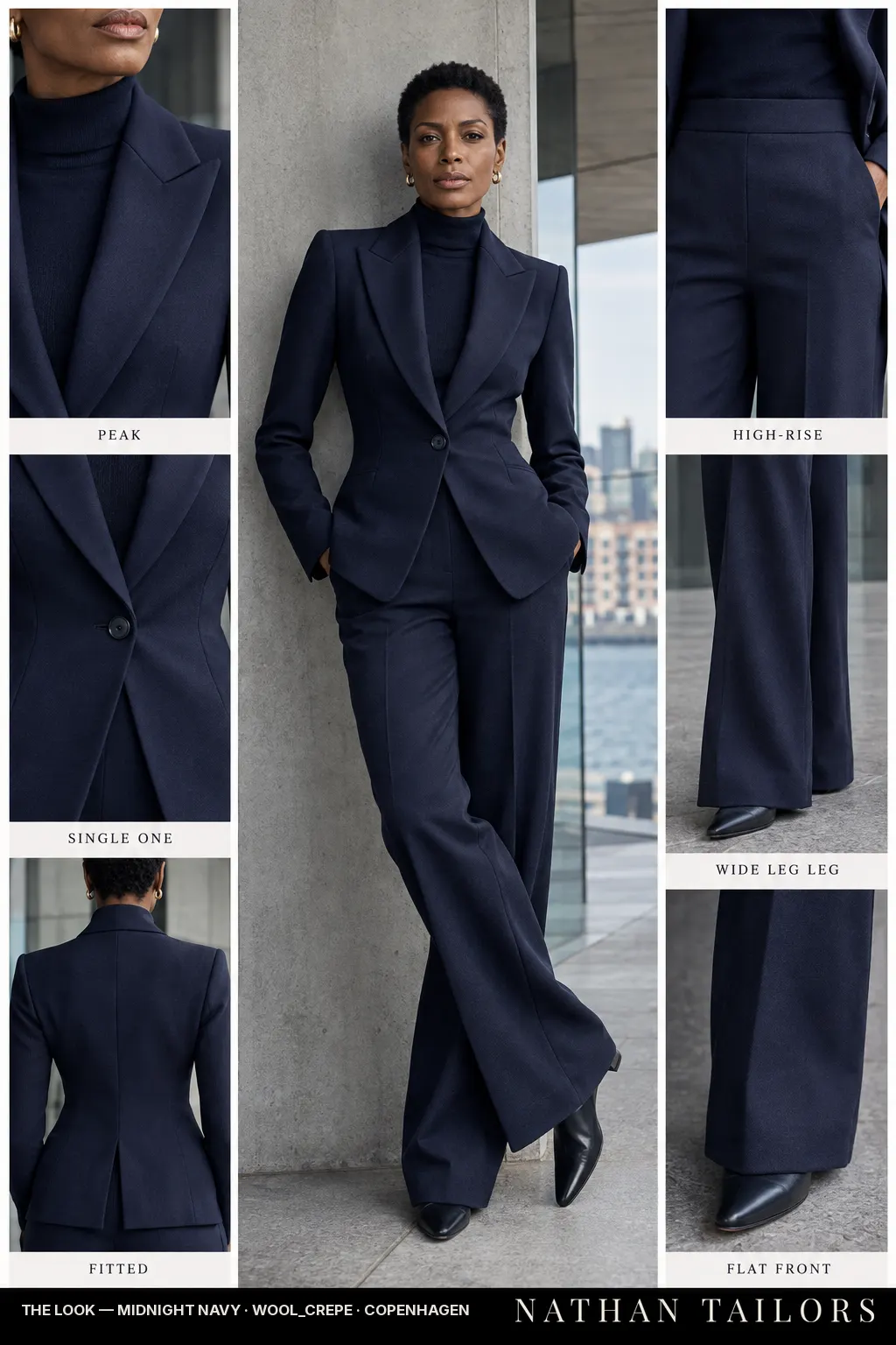 Women's suit in midnight navy — custom tailored by Nathan Tailors, shipped worldwide