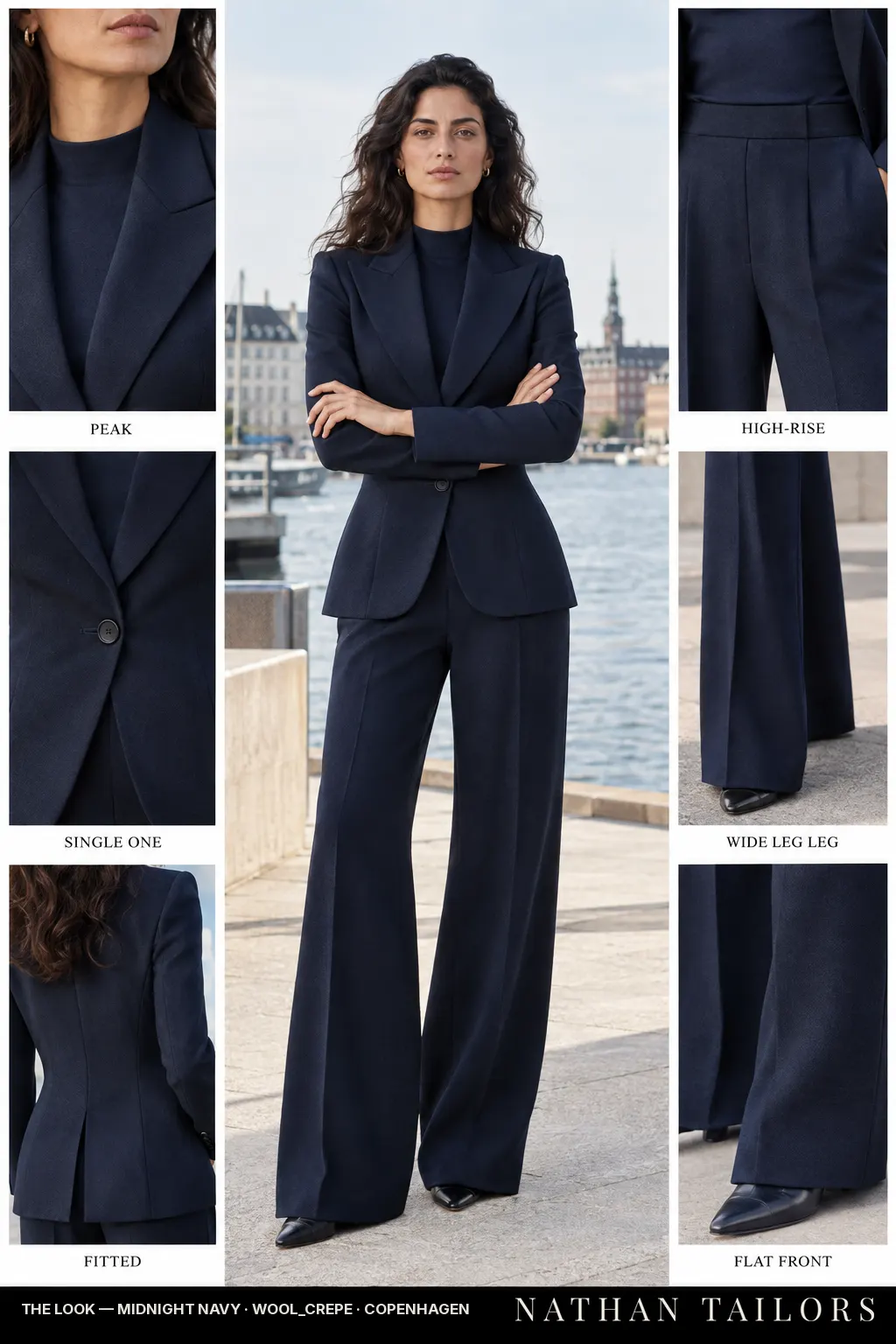 fitted women's pant suit in midnight navy — AI-rendered by Nathan Tailors, made to measure for women and shipped worldwide.