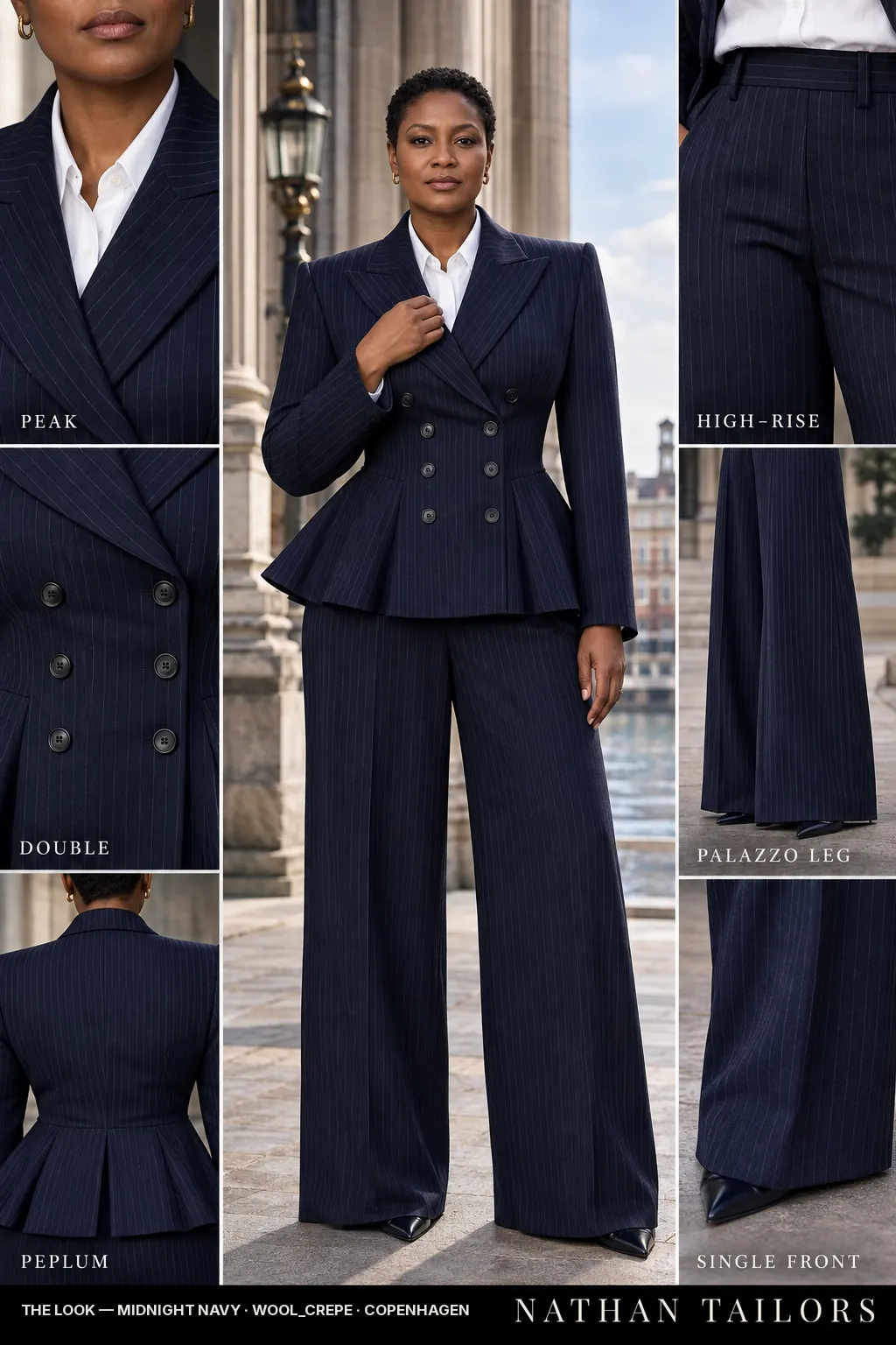 peplum pinstripe women's pant suit in midnight navy — AI-rendered by Nathan Tailors, made to measure for women and shipped worldwide.