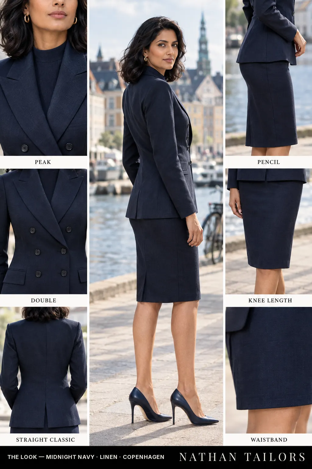 Women's suit in midnight navy — custom tailored by Nathan Tailors, shipped worldwide