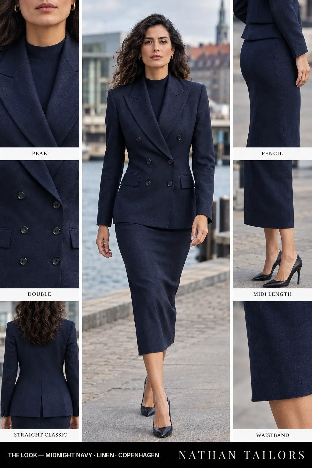 Women's suit in midnight navy — custom tailored by Nathan Tailors, shipped worldwide