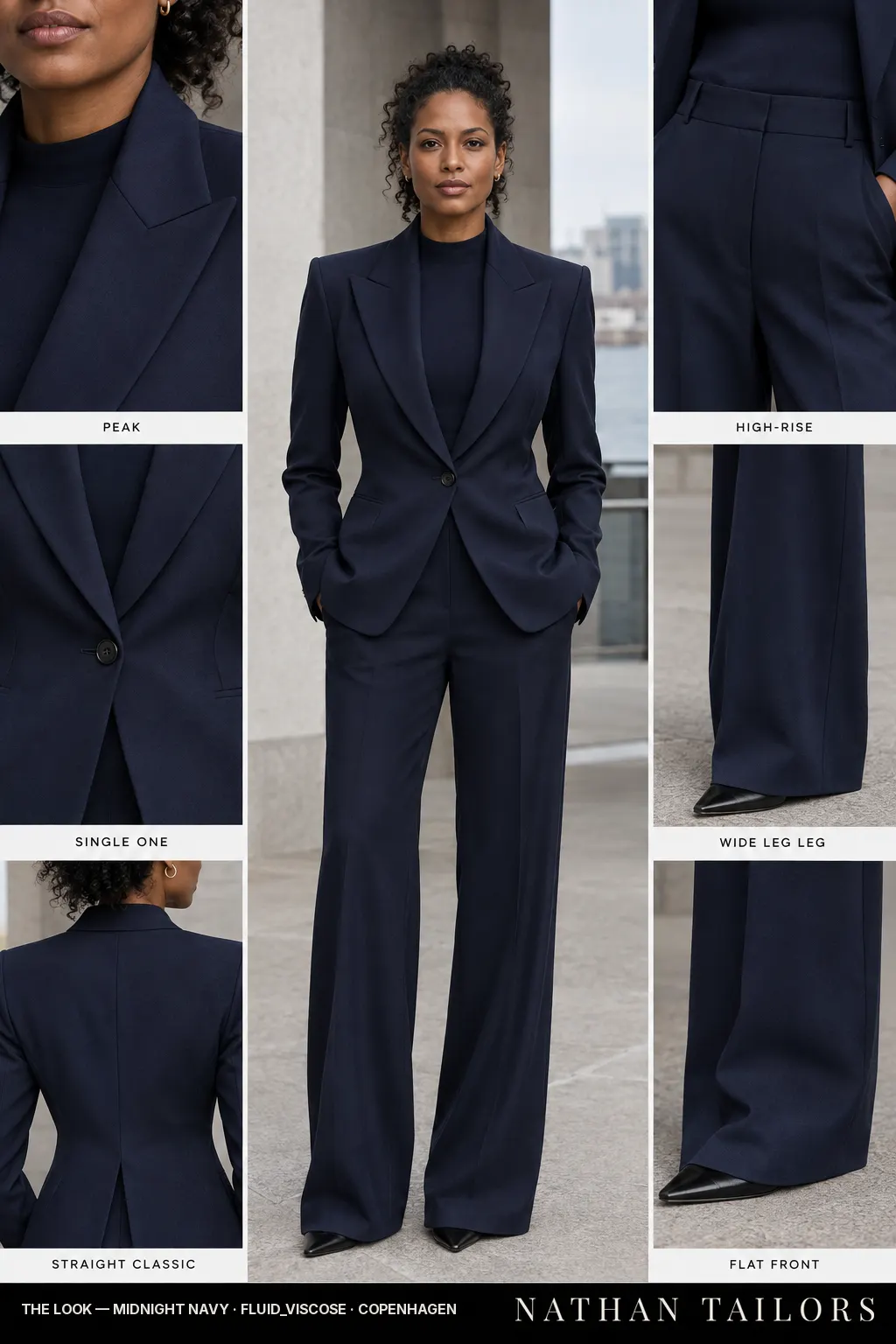 straight classic women's pant suit in midnight navy — AI-rendered by Nathan Tailors, made to measure for women and shipped worldwide.