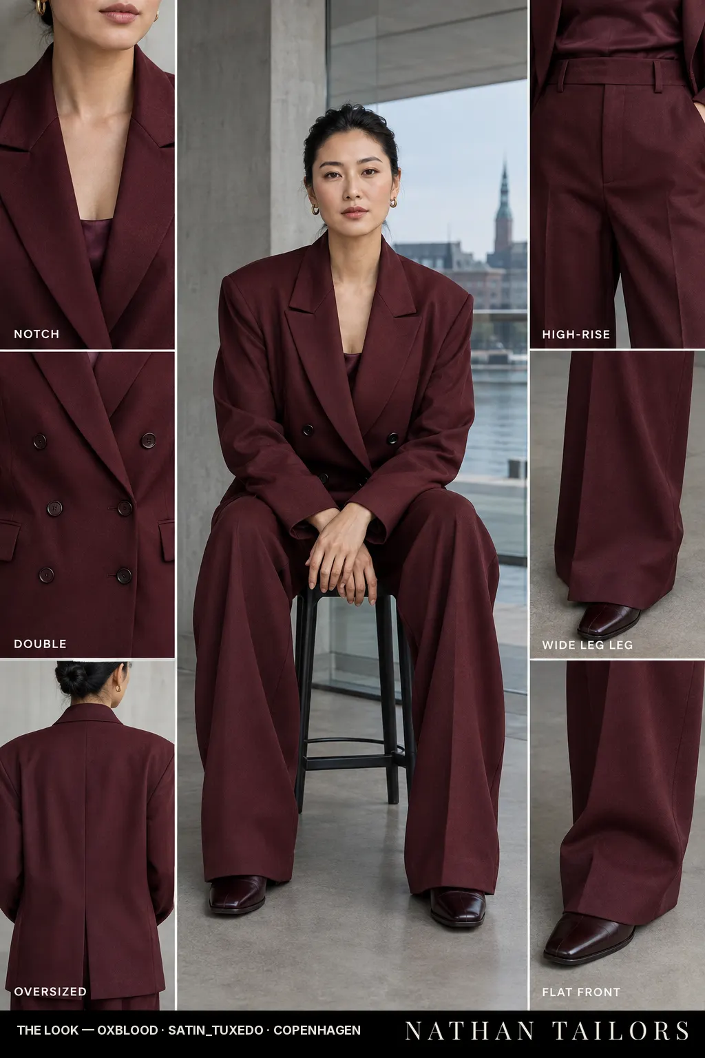 Women's suit in oxblood — custom tailored by Nathan Tailors, shipped worldwide