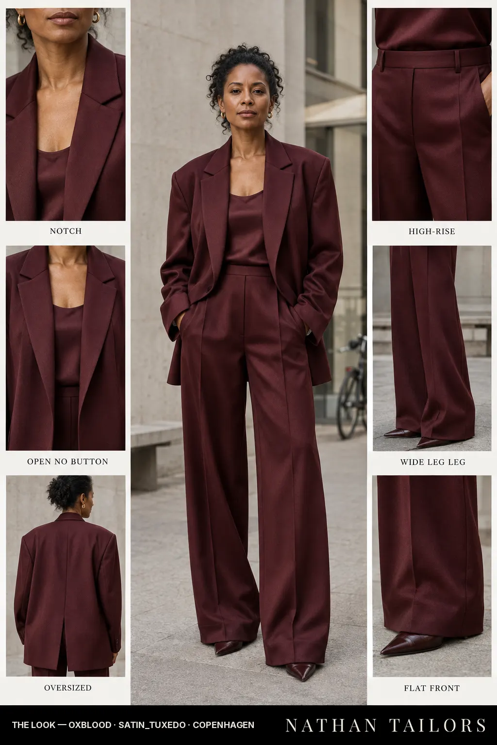 Women's suit in oxblood — custom tailored by Nathan Tailors, shipped worldwide