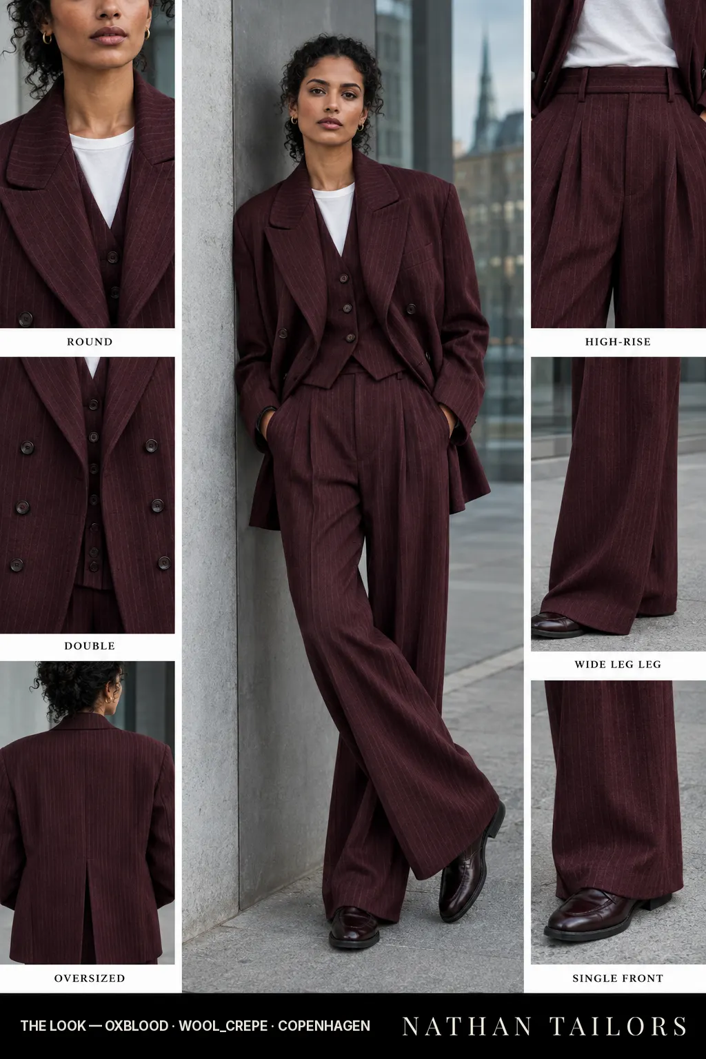 Women's suit in oxblood pinstripe — custom tailored by Nathan Tailors, shipped worldwide