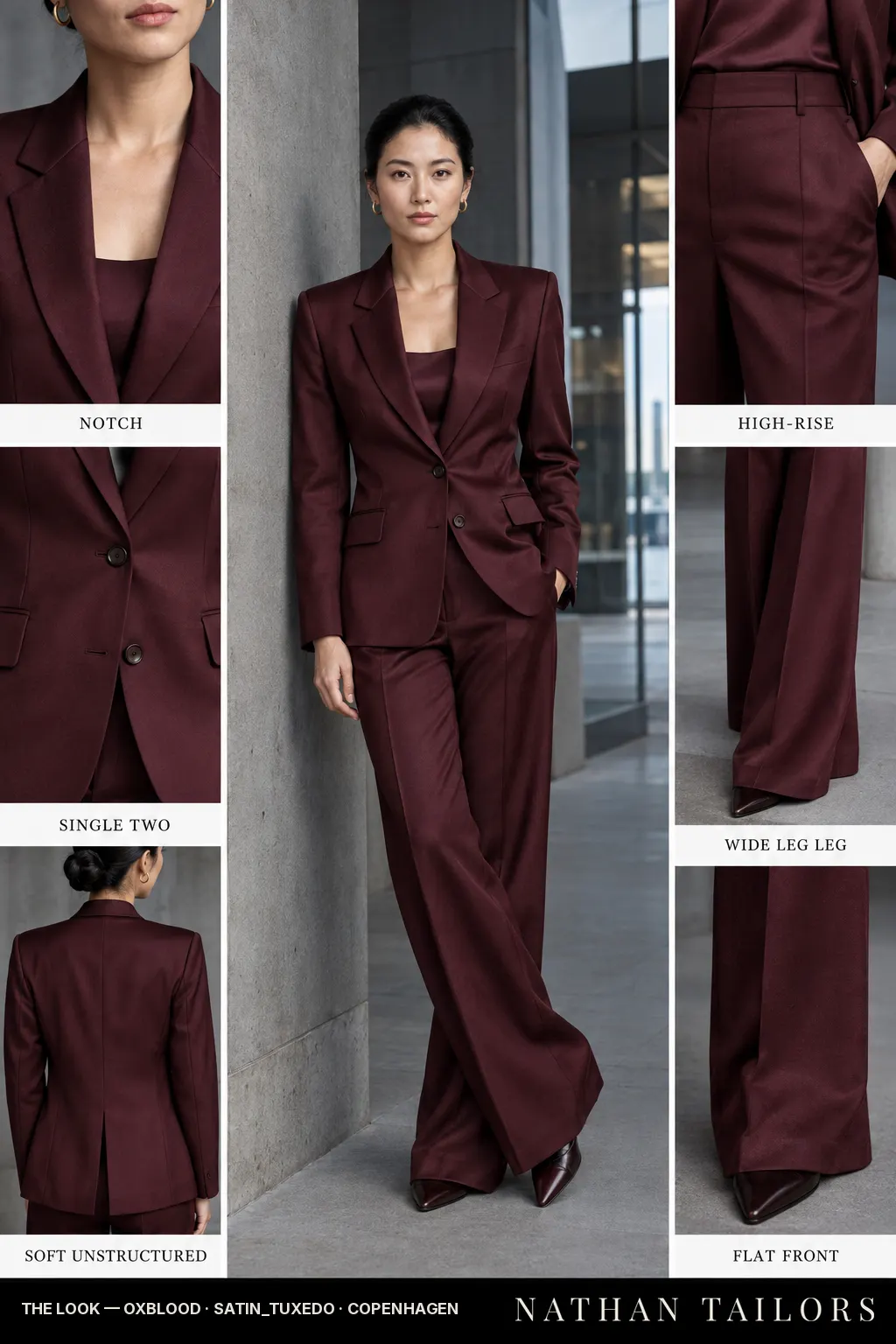 soft unstructured women's pant suit in oxblood — AI-rendered by Nathan Tailors, made to measure for women and shipped worldwide.