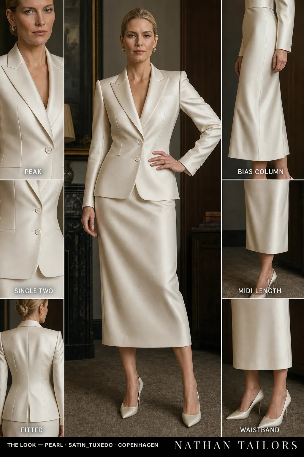 Women's suit in pearl — custom tailored by Nathan Tailors, shipped worldwide