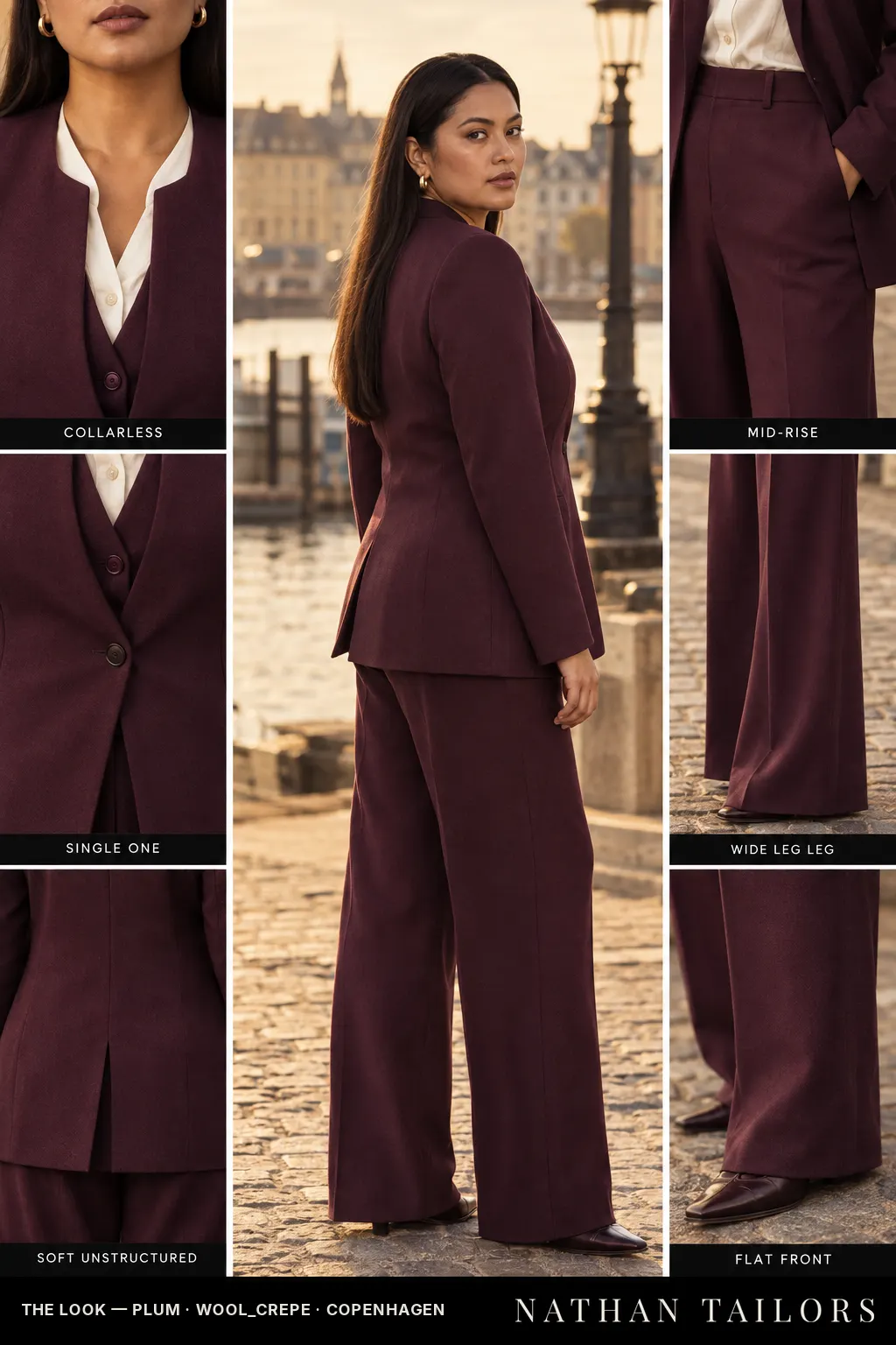 Women's suit in plum — custom tailored by Nathan Tailors, shipped worldwide