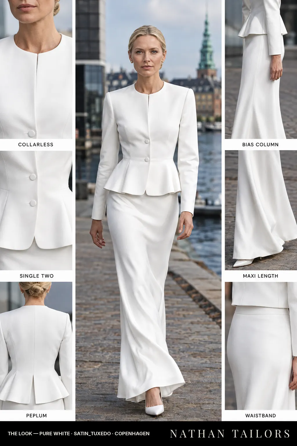 Women's suit in pure white — custom tailored by Nathan Tailors, shipped worldwide