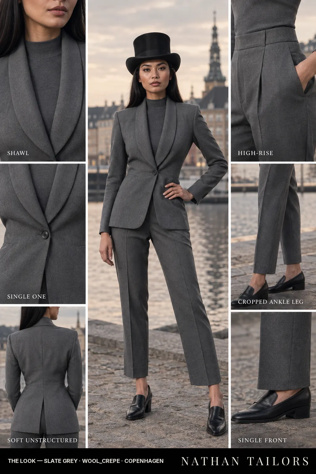Women's suit in slate grey — custom tailored by Nathan Tailors, shipped worldwide