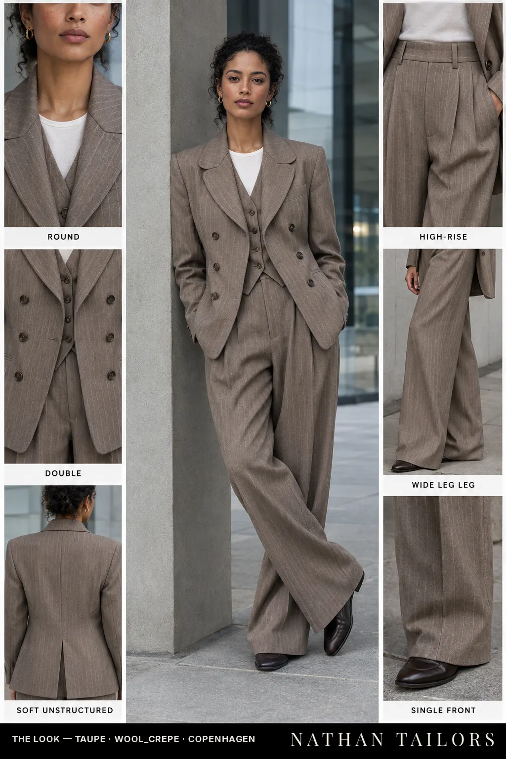 Women's suit in taupe pinstripe — custom tailored by Nathan Tailors, shipped worldwide