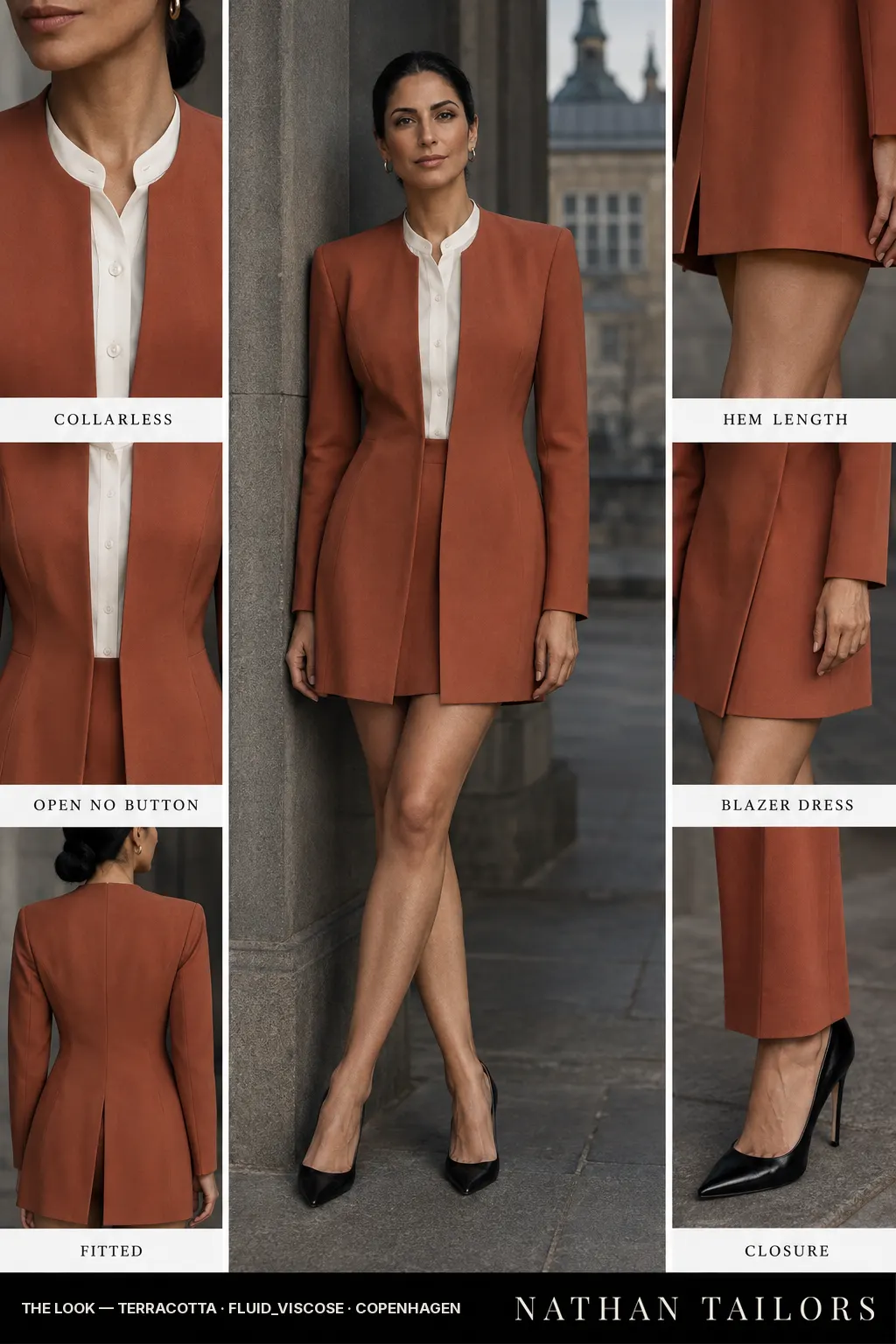 fitted women's blazer dress in terracotta — AI-rendered by Nathan Tailors, made to measure for women and shipped worldwide.