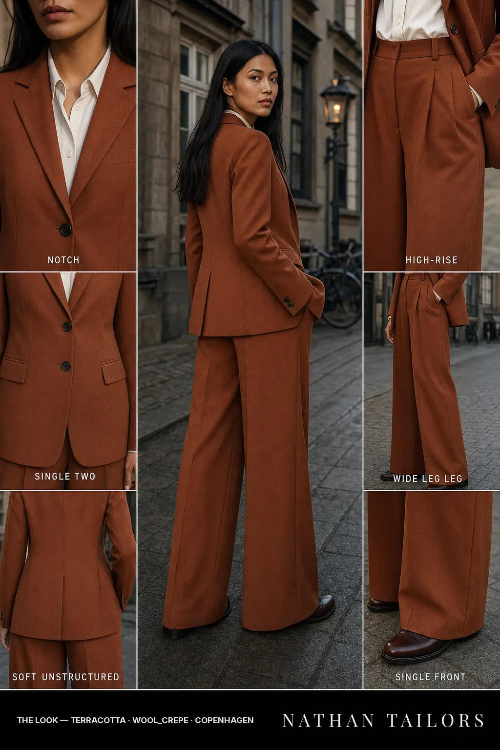 soft unstructured women's pant suit in terracotta — AI-rendered by Nathan Tailors, made to measure for women and shipped worldwide.