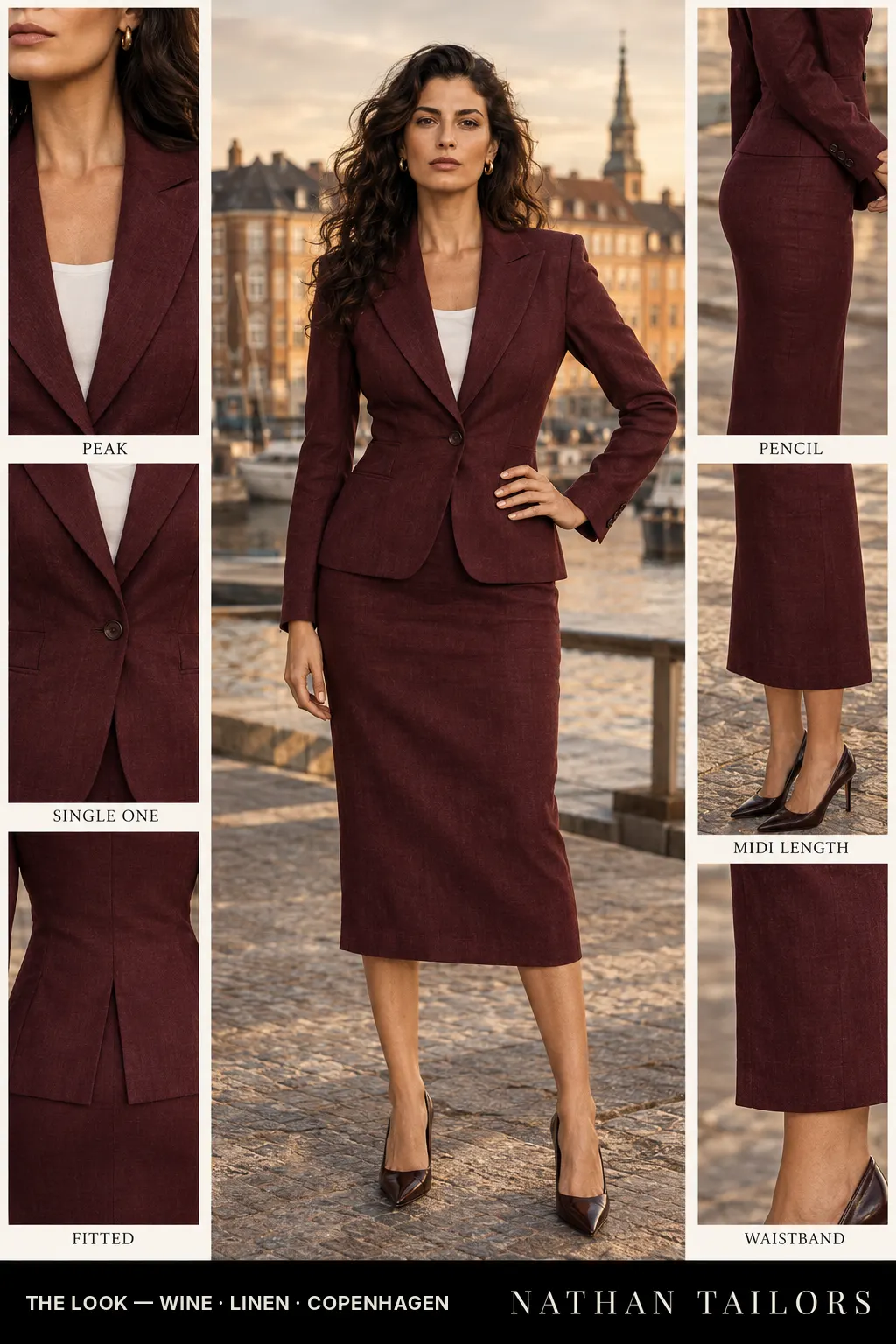 Women's suit in wine — custom tailored by Nathan Tailors, shipped worldwide