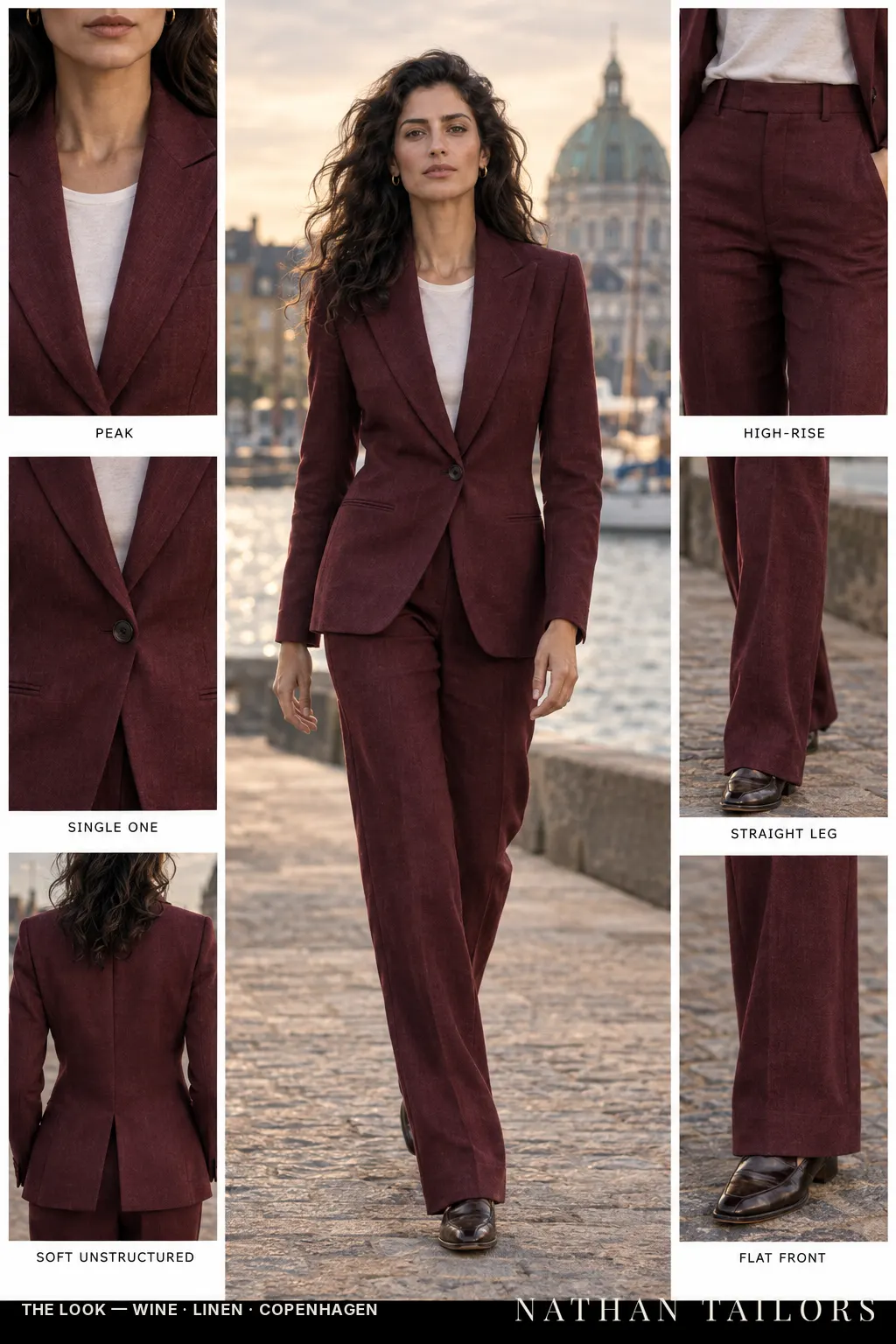 Women's suit in wine — custom tailored by Nathan Tailors, shipped worldwide