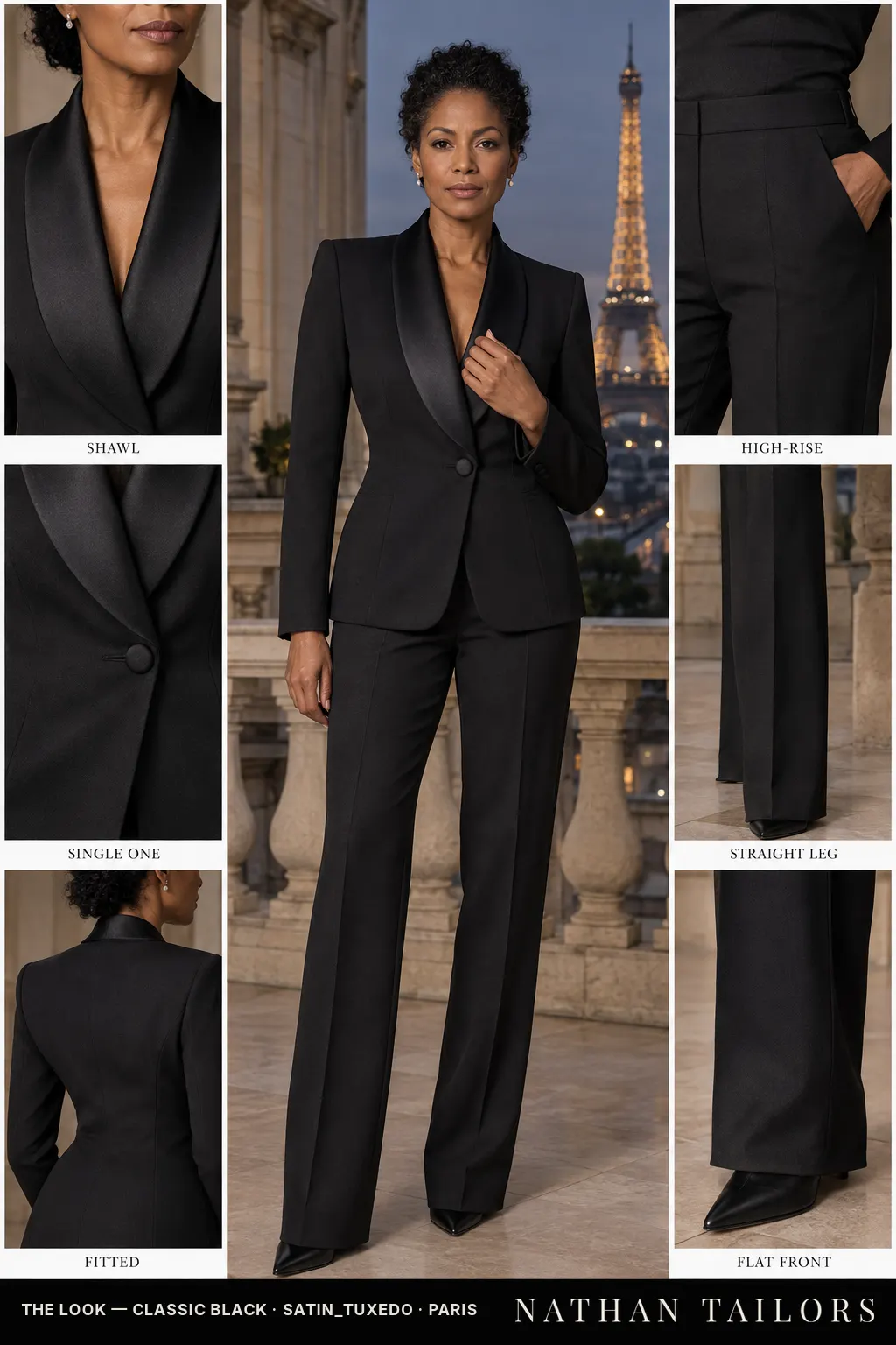 Women's suit in classic black — custom tailored by Nathan Tailors, shipped worldwide