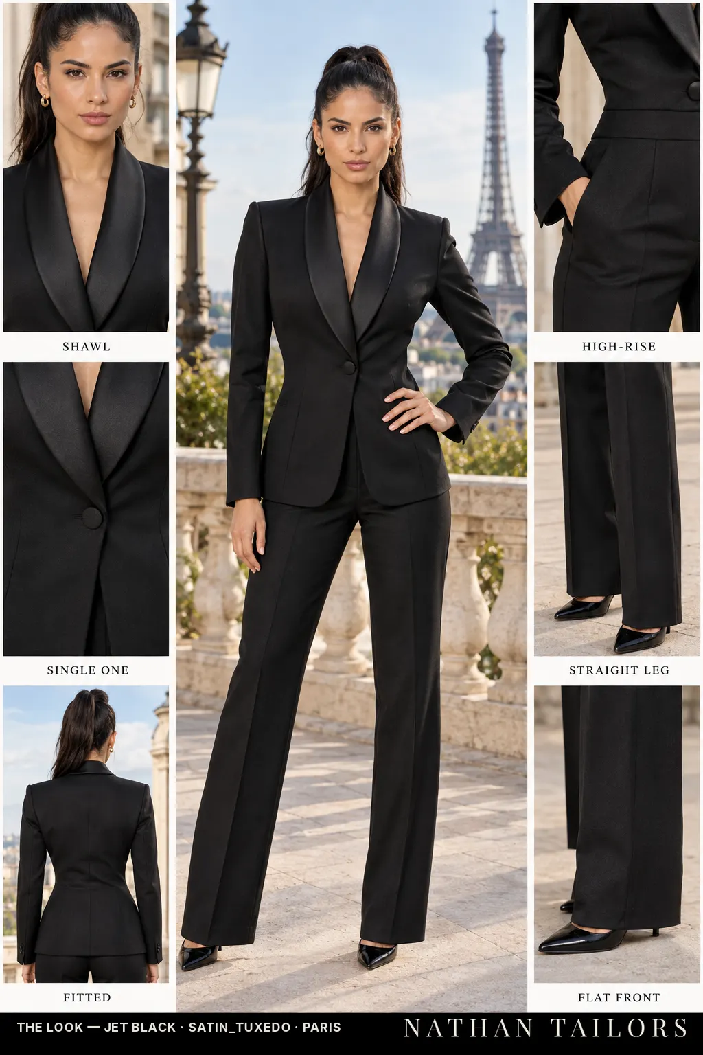 Women's suit in jet black — custom tailored by Nathan Tailors, shipped worldwide