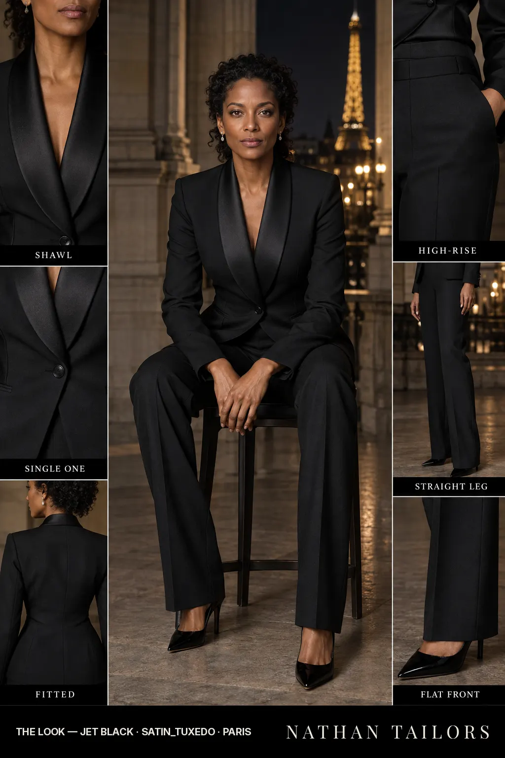 fitted women's pant suit in jet black — AI-rendered by Nathan Tailors, made to measure for women and shipped worldwide.