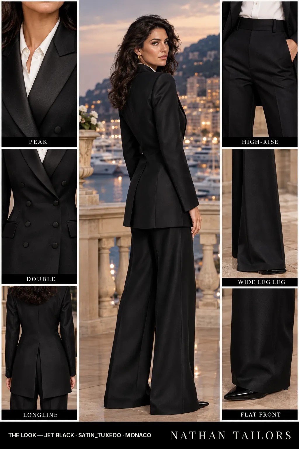 Women's suit in jet black — custom tailored by Nathan Tailors, shipped worldwide